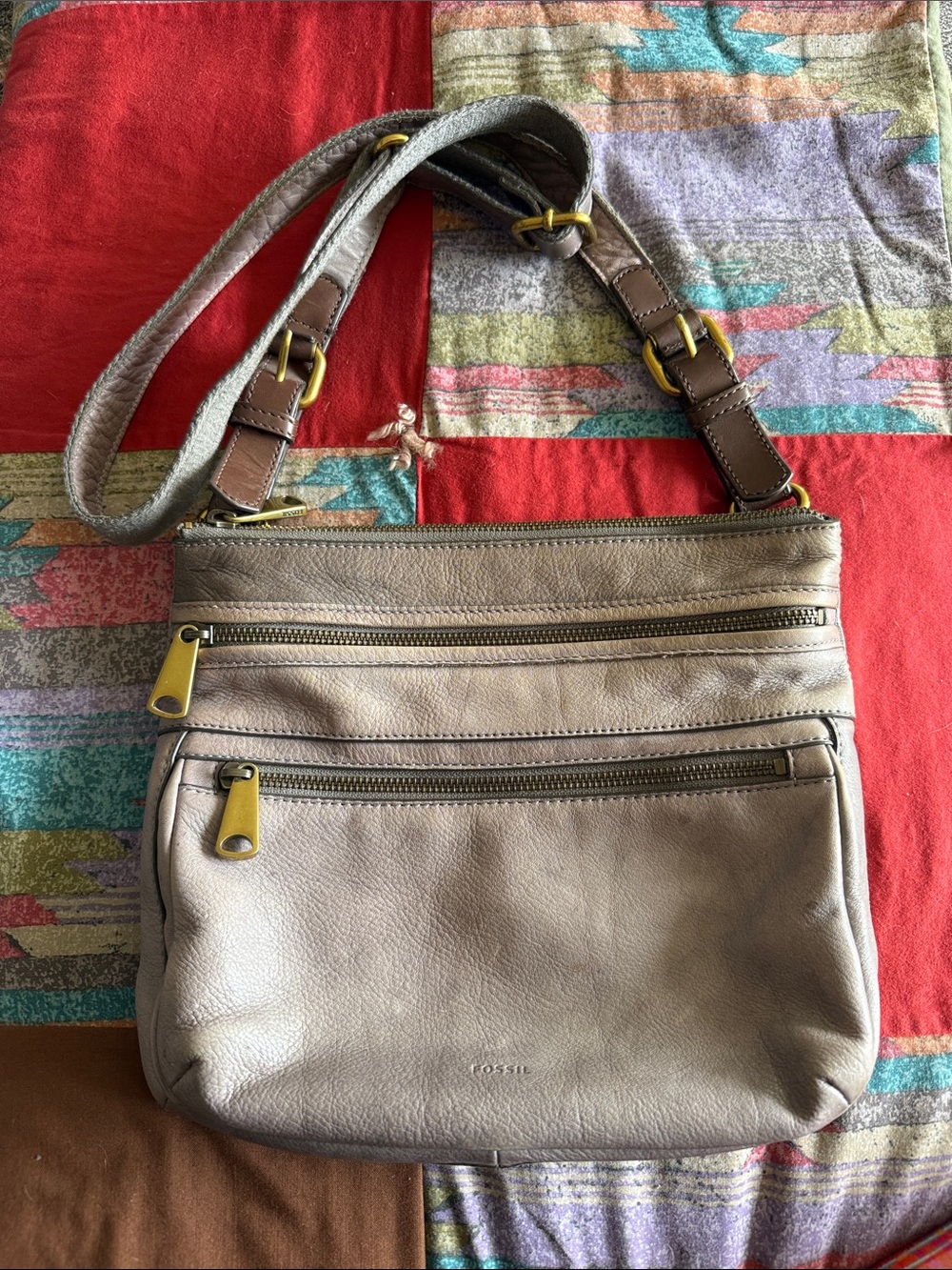 Fossil Taupe Gray Leather Crossbody Bag with Brass Hardware